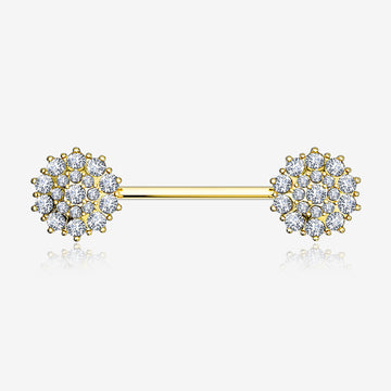 A Pair of 14 Karat Gold Brilliant Sparkle Glam Flower Nipple Barbell-Clear Gem